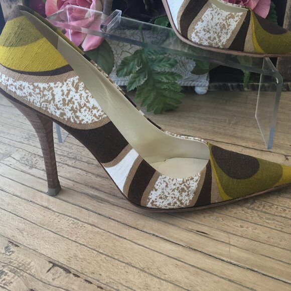 Miu Miu Gold Brown and Green Fabric High Heels Size 35 1/2 (but fit like size 6) - Picture 2 of 10
